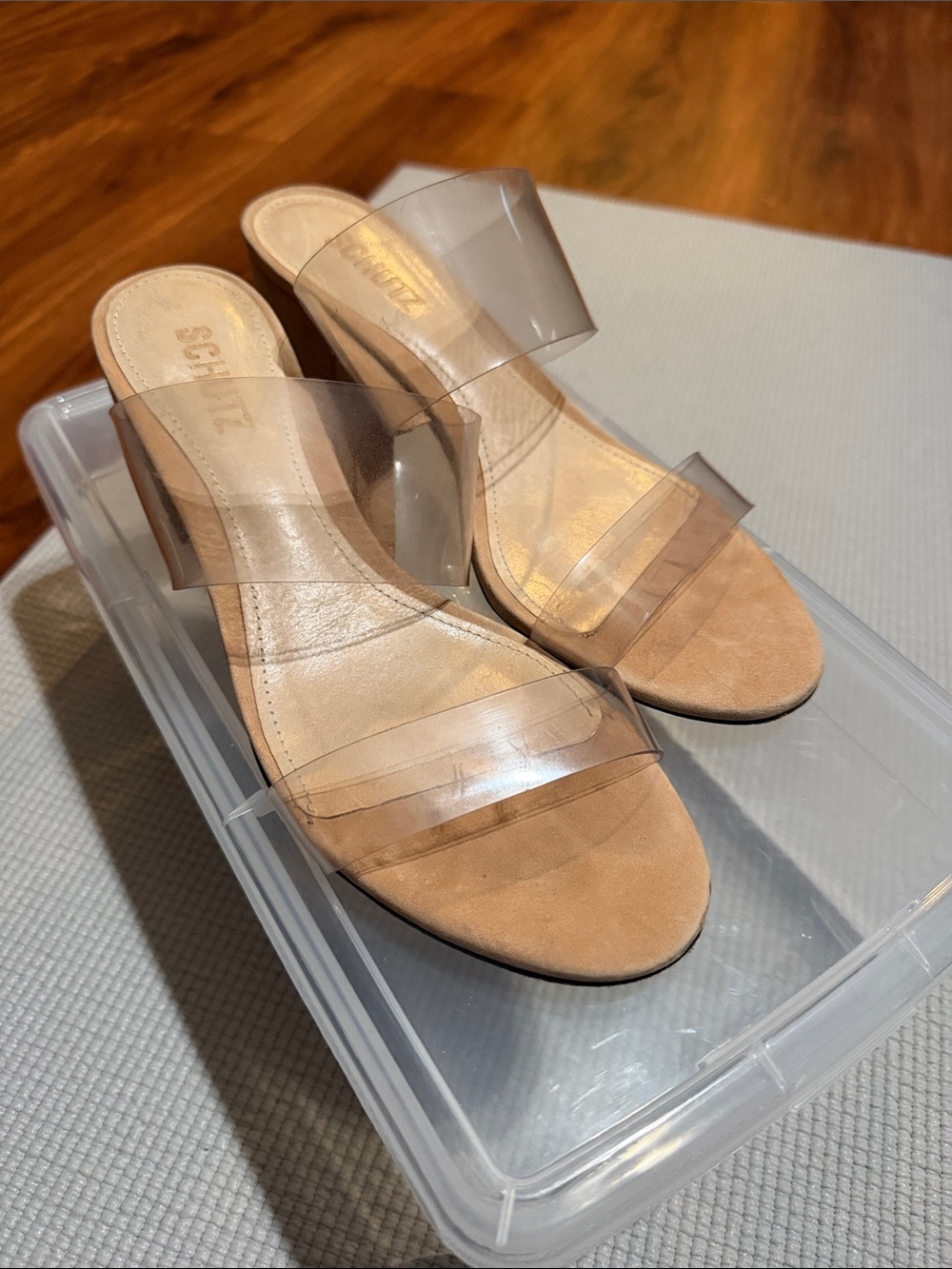 SCHUTZ Nude Clear Strap Block Heel Mules